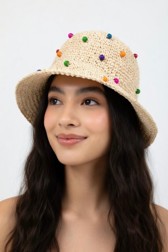 Renkli Boncuk Detaylı Örme Bucket Şapka | Mollycrush