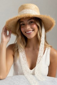 Dantel Bağlamalı Püsküllü Kadın Hasır Şapka | Mollycrush