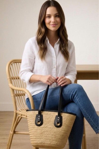 Siyah Deri Detaylı Kadın Hasır Tote Çanta | Mollycrush