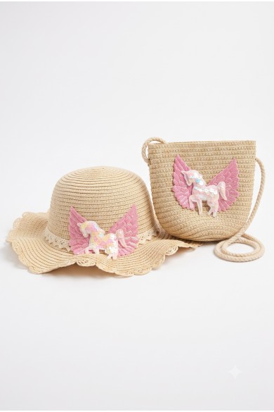 Kız Çocuk Unicorn Hasır Şapka Çanta Seti | Mollycrush