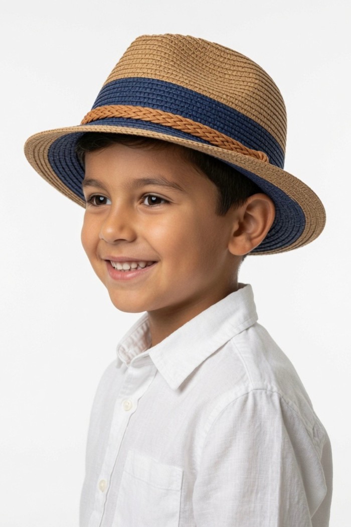 Şeritli Hasır Erkek Çocuk Fedora Şapkası