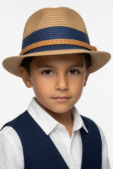 Şeritli Hasır Erkek Çocuk Fedora Şapkası