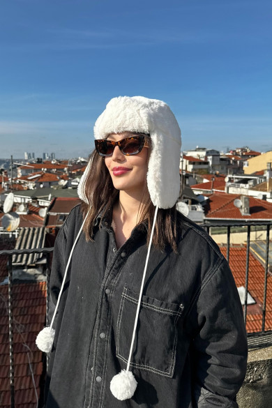 Kadın Kışlık Ponponlu Kürklü Premium Peluş Pilot Şapka