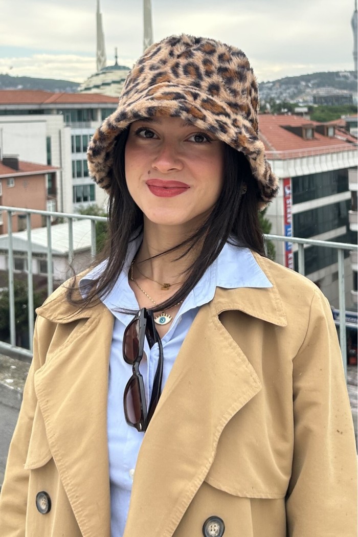Leopar Desenli Peluş Kadın Bucket Şapka