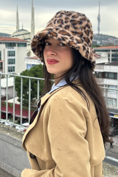 Leopar Desenli Peluş Kadın Bucket Şapka