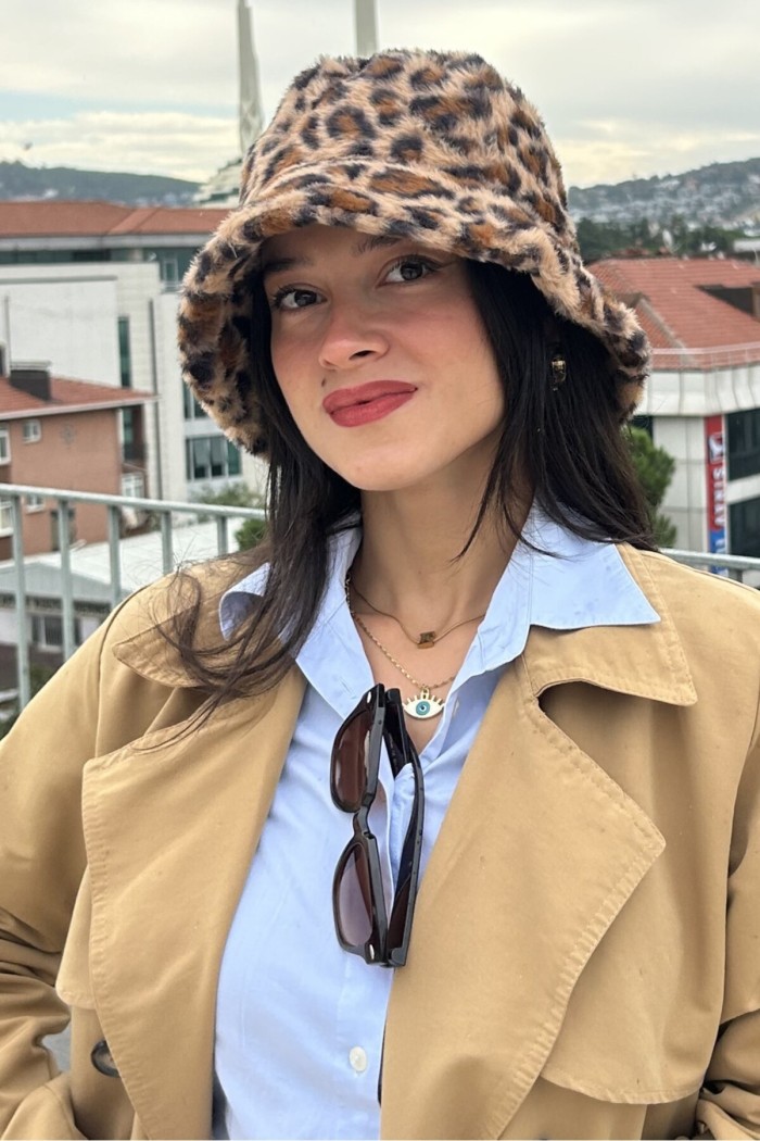 Leopar Desenli Peluş Kadın Bucket Şapka