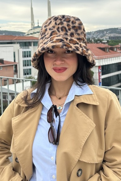 Leopar Desenli Peluş Kadın Bucket Şapka
