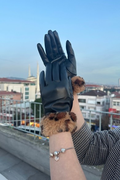 Peluş Bilekli Suni Deri Kadın Eldiven