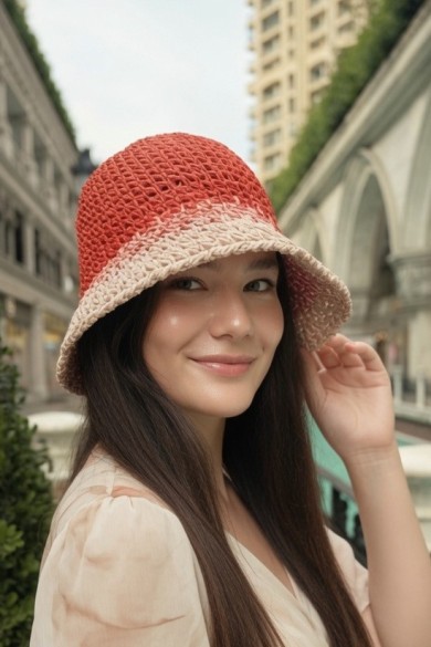 Ombre Geçişli Hasır Bucket Kadın Şapkası | Mollycrush