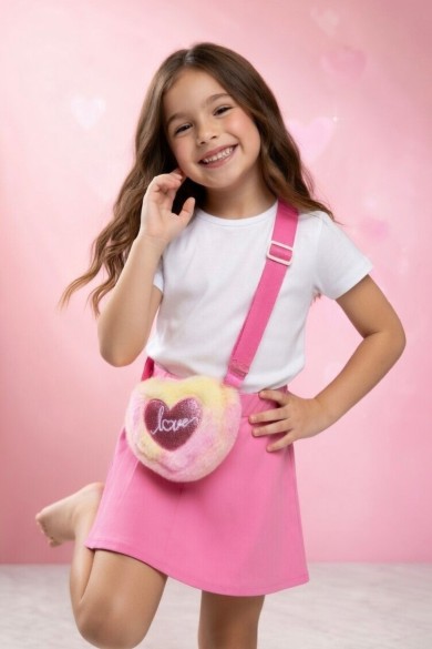 Love Nakışlı Kalp Peluş Kız Çocuk Çantası