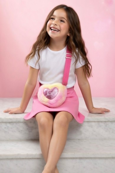 Love Nakışlı Kalp Peluş Kız Çocuk Çantası
