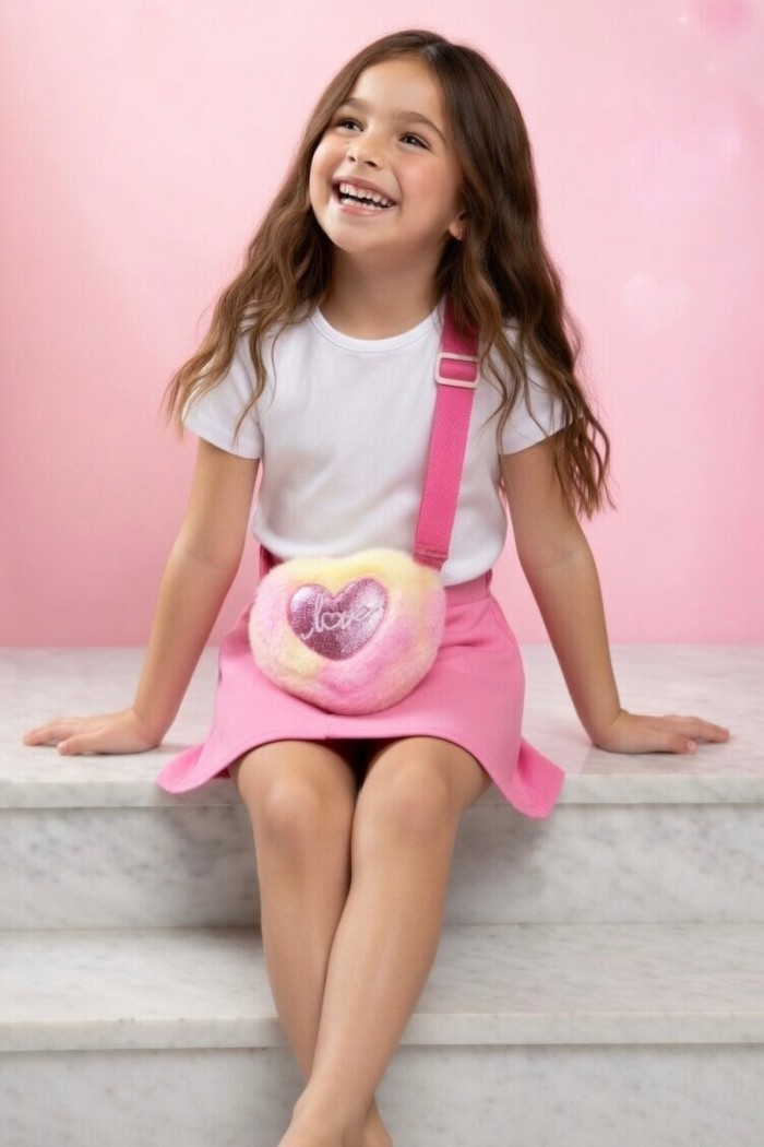 Love Nakışlı Kalp Peluş Kız Çocuk Çantası