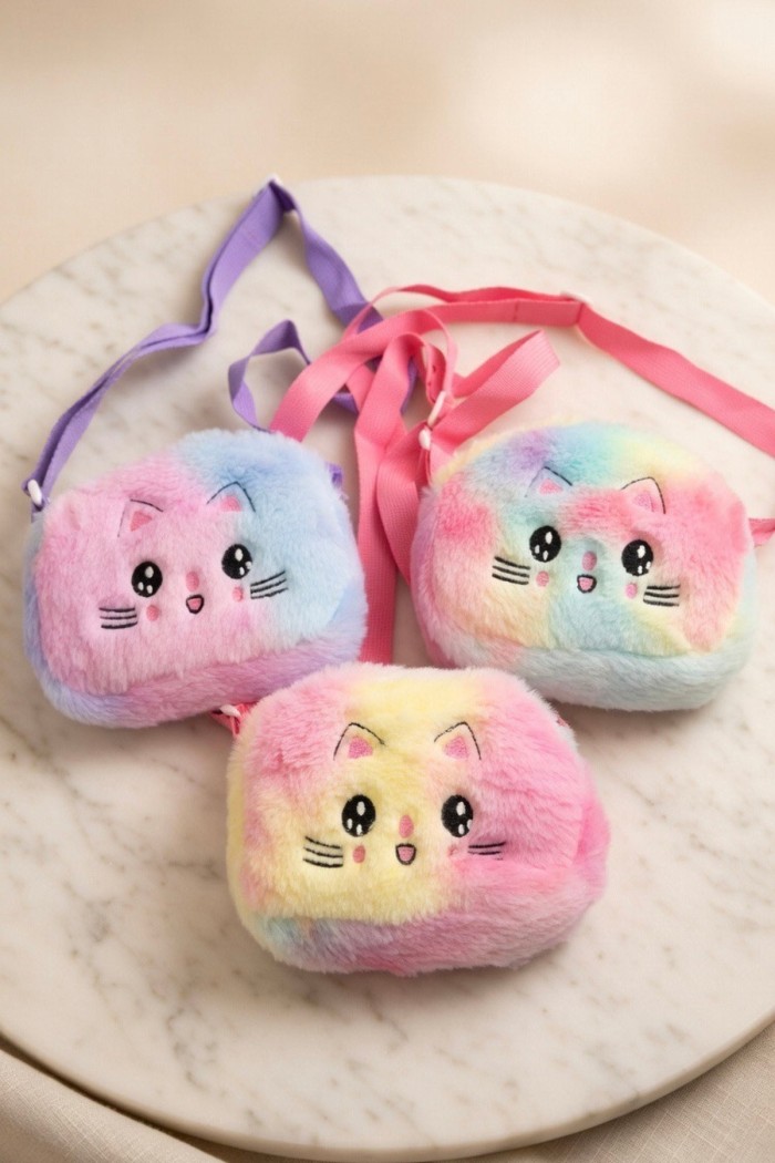 Kedi Figürlü Peluş Kız Çocuk Çantası