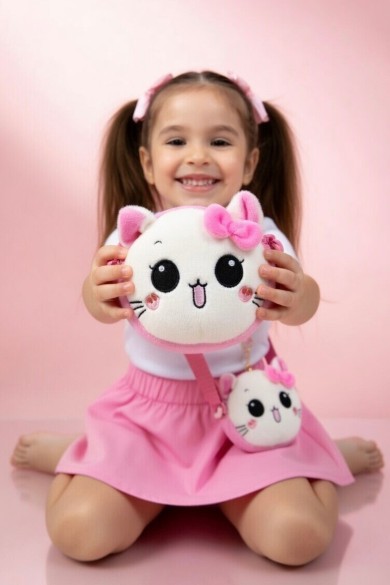 Fiyonklu Kedi Figürlü Kız Çocuk Mini Peluş Çanta