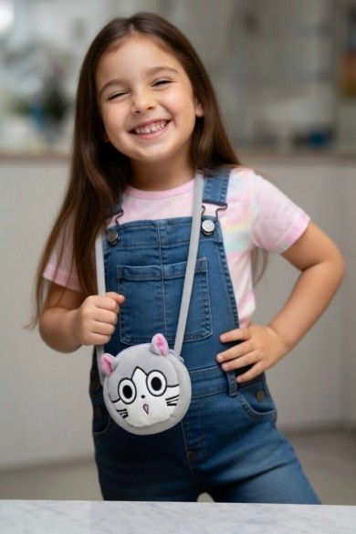 Şaşkın Kedi Figürlü Kız Çocuk Peluş Çanta
