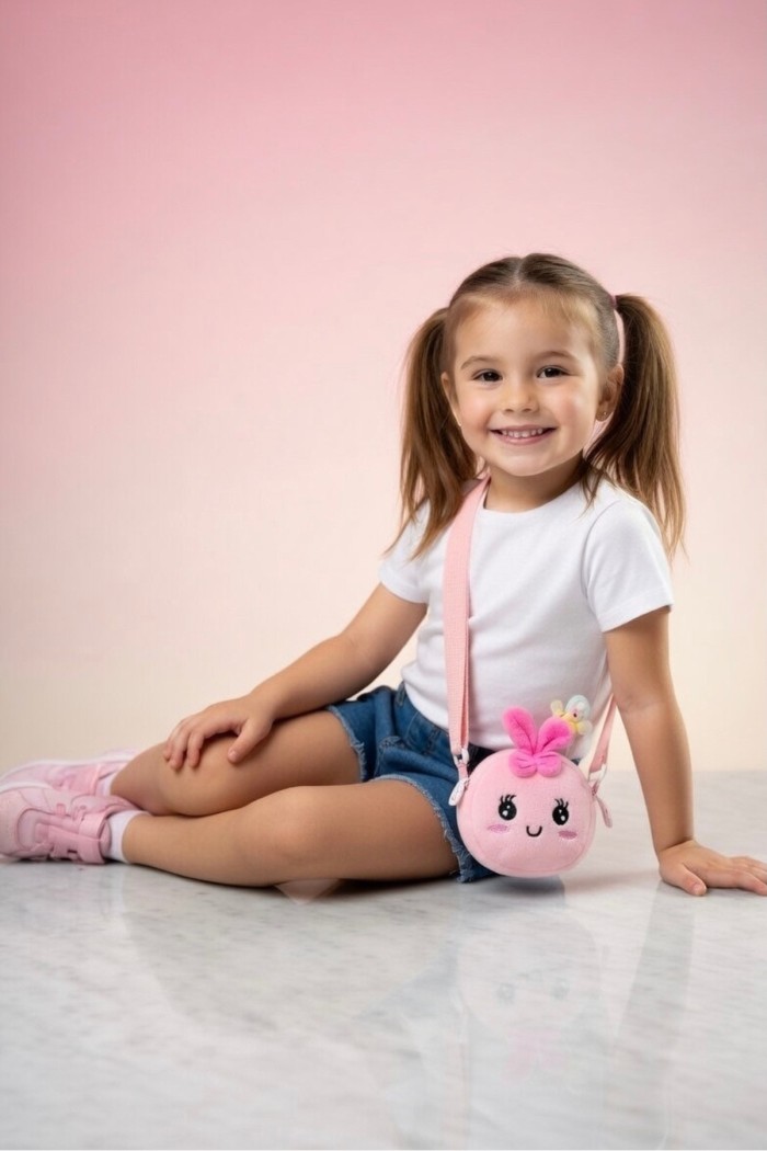 Tavşan Figürlü Kız Çocuk Peluş Cüzdan ve Mini Çanta