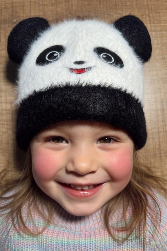 Çocuk Panda Figürlü Bere | Tüylü Kulaklı Kışlık Tasarım