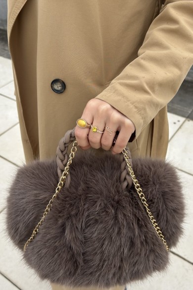 Kadın Örgü Saplı Peluş Çanta | Zincirli Kışlık Baget Modeli