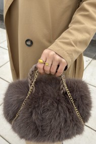Kadın Örgü Saplı Peluş Çanta | Zincirli Kışlık Baget Modeli