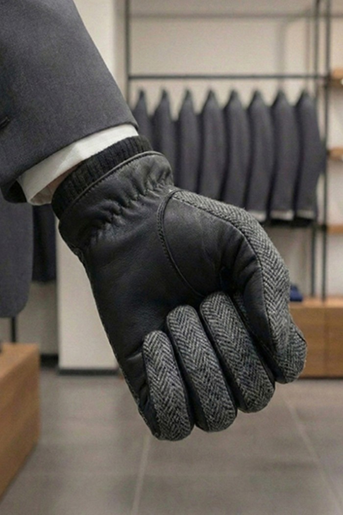 Erkek Kumaş Detaylı Kapitone Deri Eldiven | Dokunmatik Model