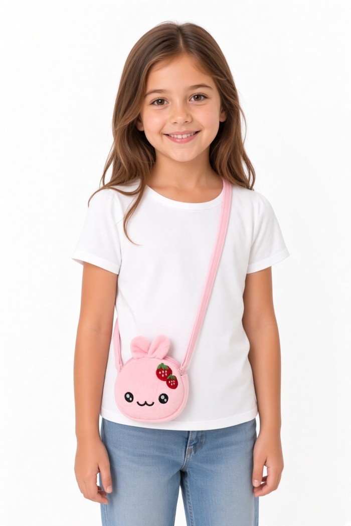 Kız Çocuk Mini Çanta | Çilek Nakışlı Peluş Çapraz Model