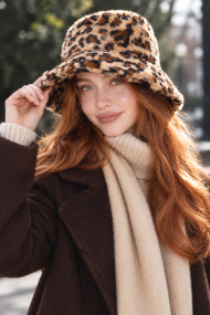 Leopar Desenli Peluş Kadın Bucket Şapka