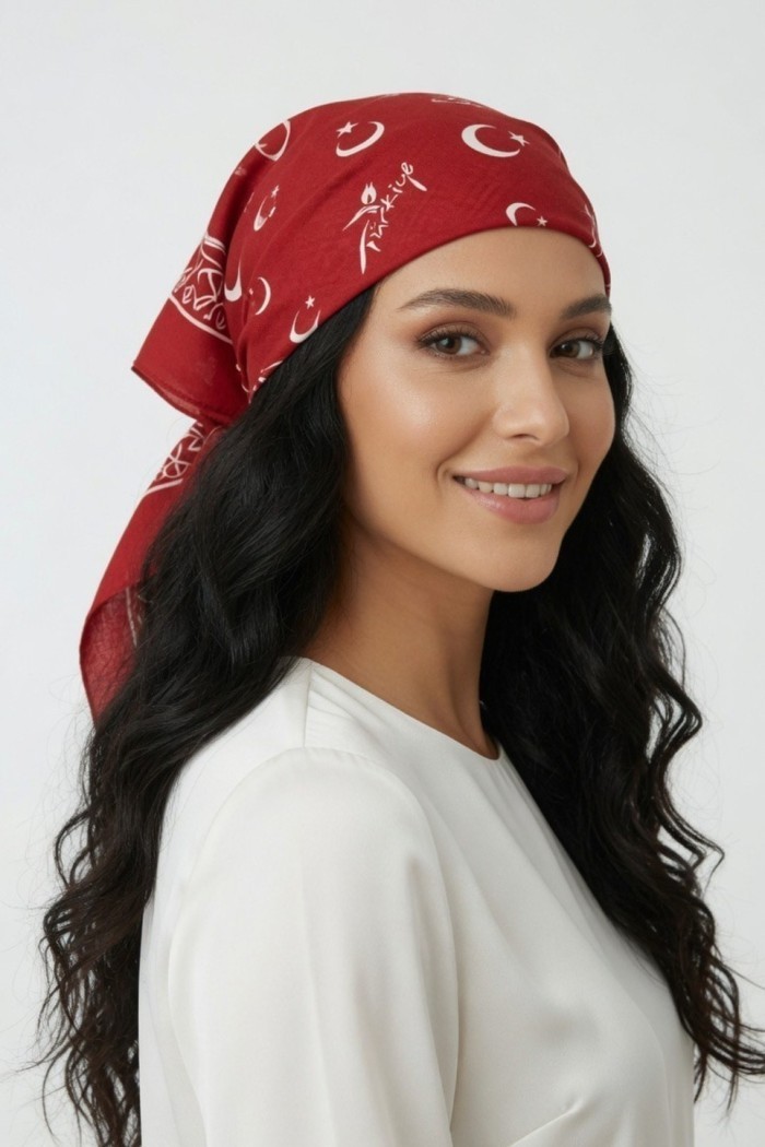 Ay Yıldız Desenli Pamuklu Bandana | Hediyelik Türkiyeli Fular