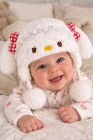 Bebek Peluş Tavşanlı Şapka | Astarlı Kulaklı Ponponlu Model
