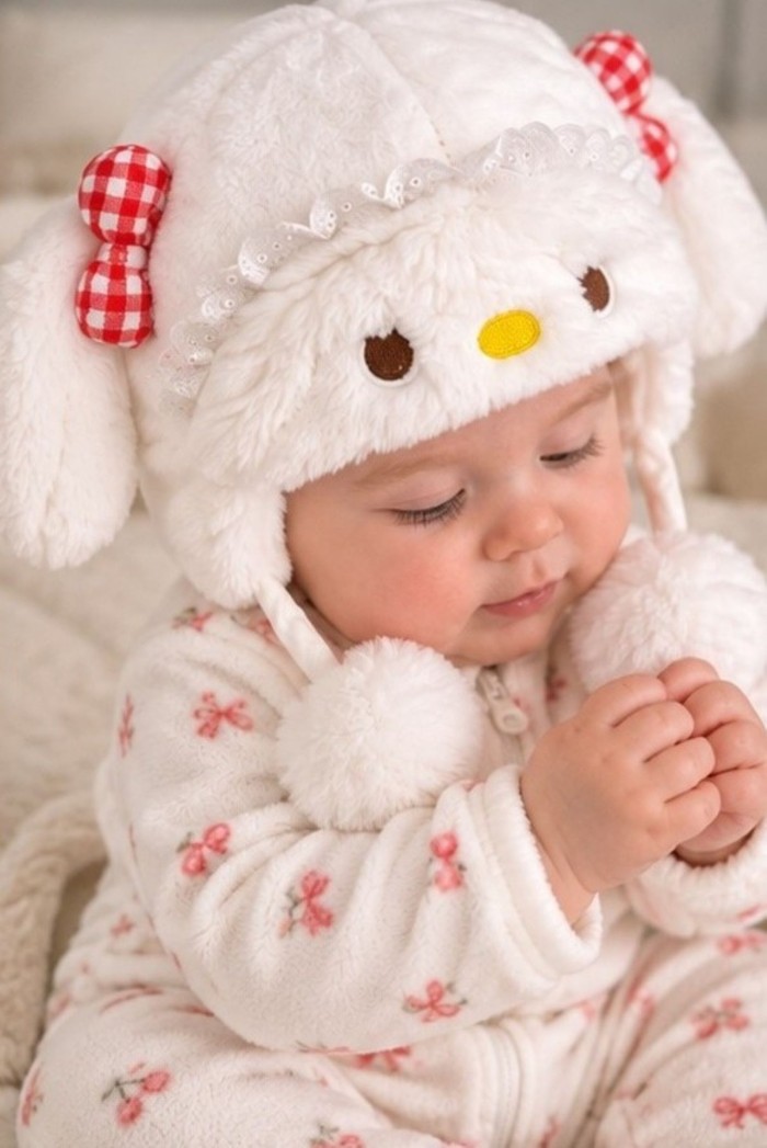 Bebek Peluş Tavşanlı Şapka | Astarlı Kulaklı Ponponlu Model