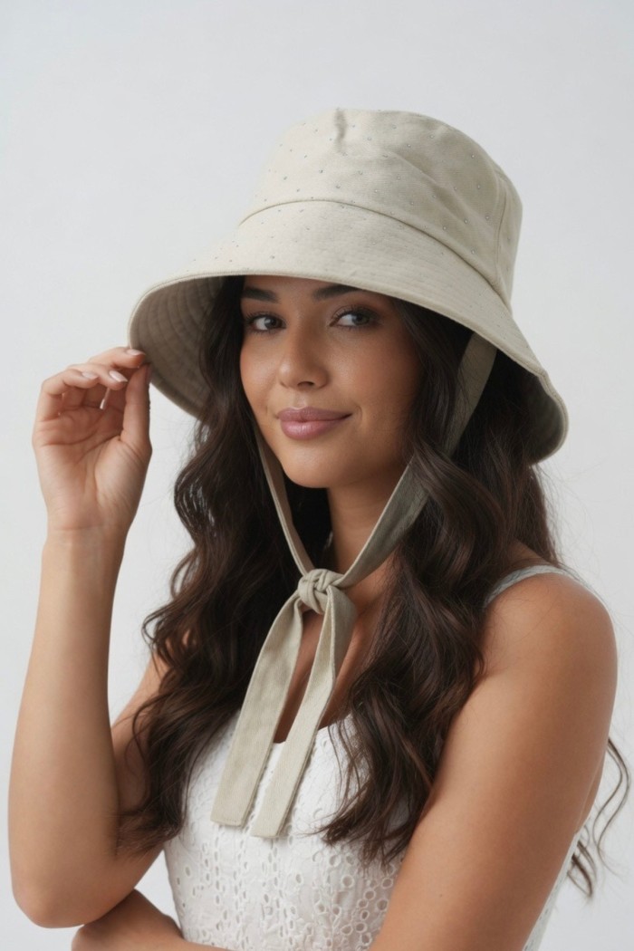 Taşlı Bağlamalı Gabardin Bucket Kadın Şapkası | Mollycrush
